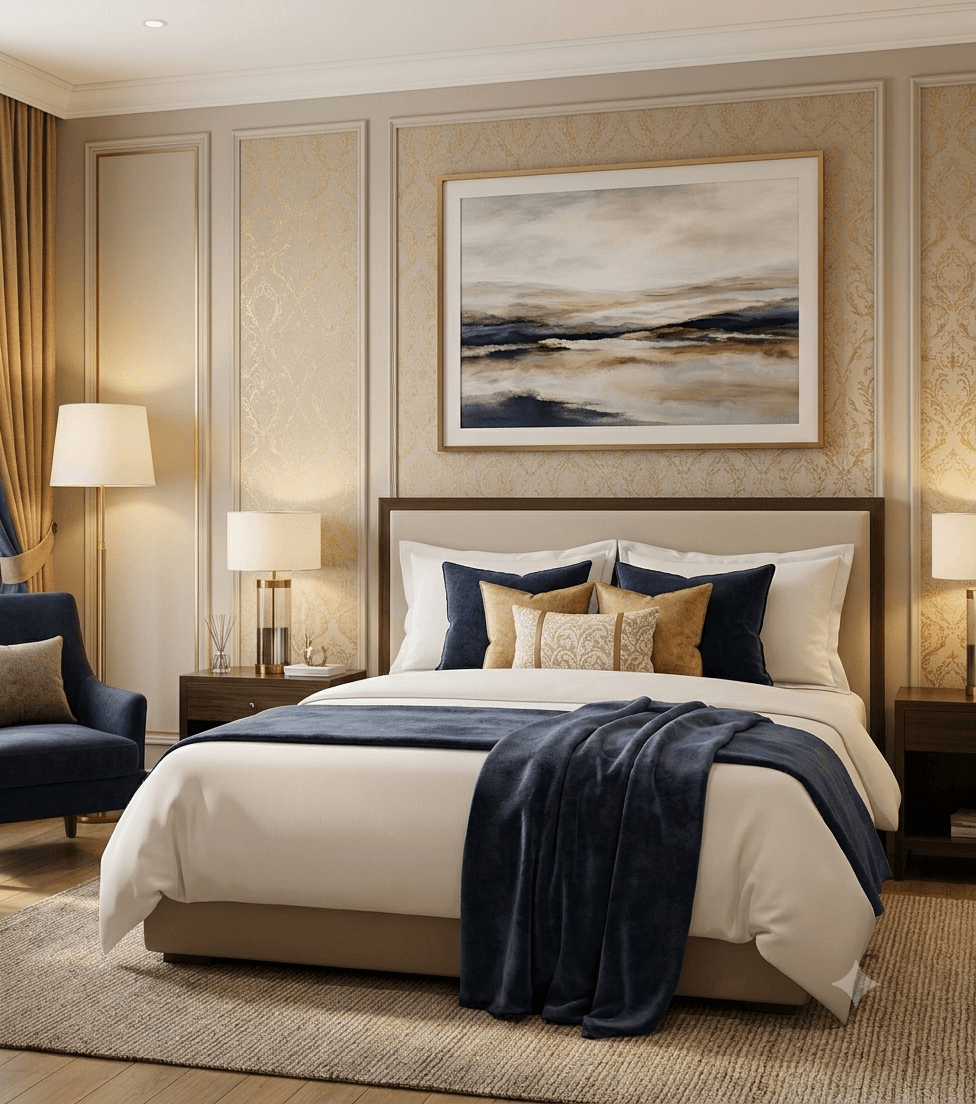 Refined guest room styled in Crown Hotel colors