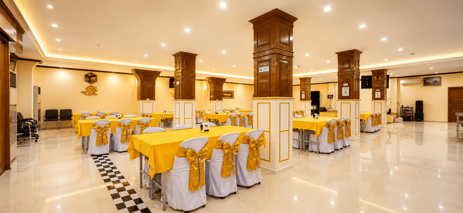 Banquet hall prepared for an event