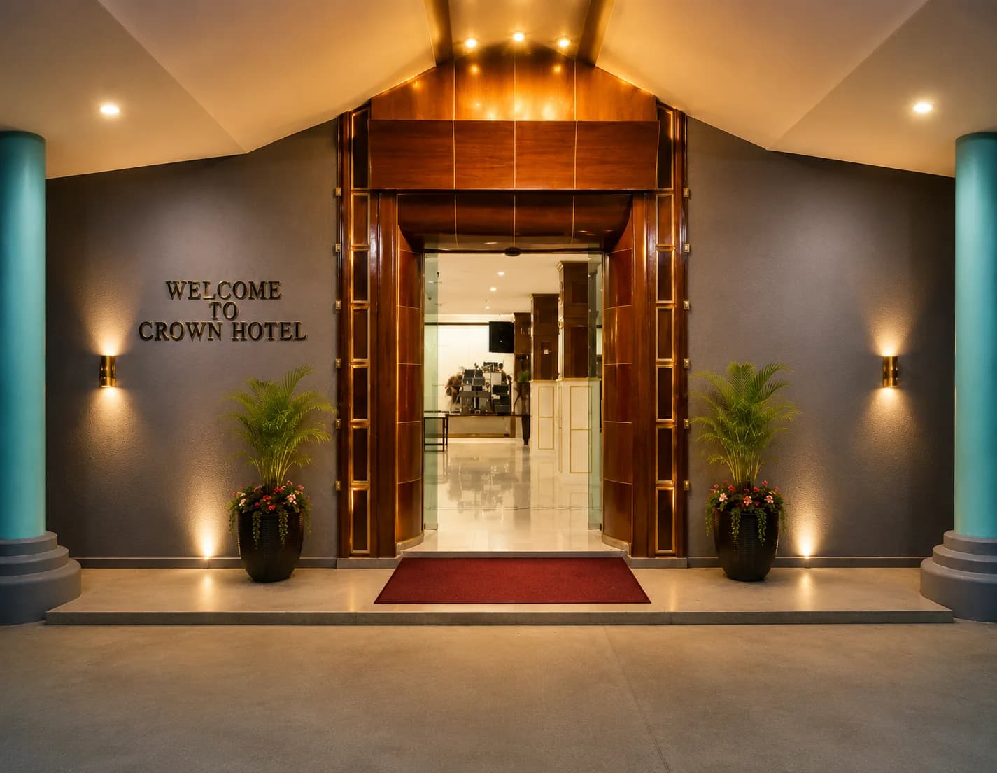 Bright guest corridor inside The Crown Hotel